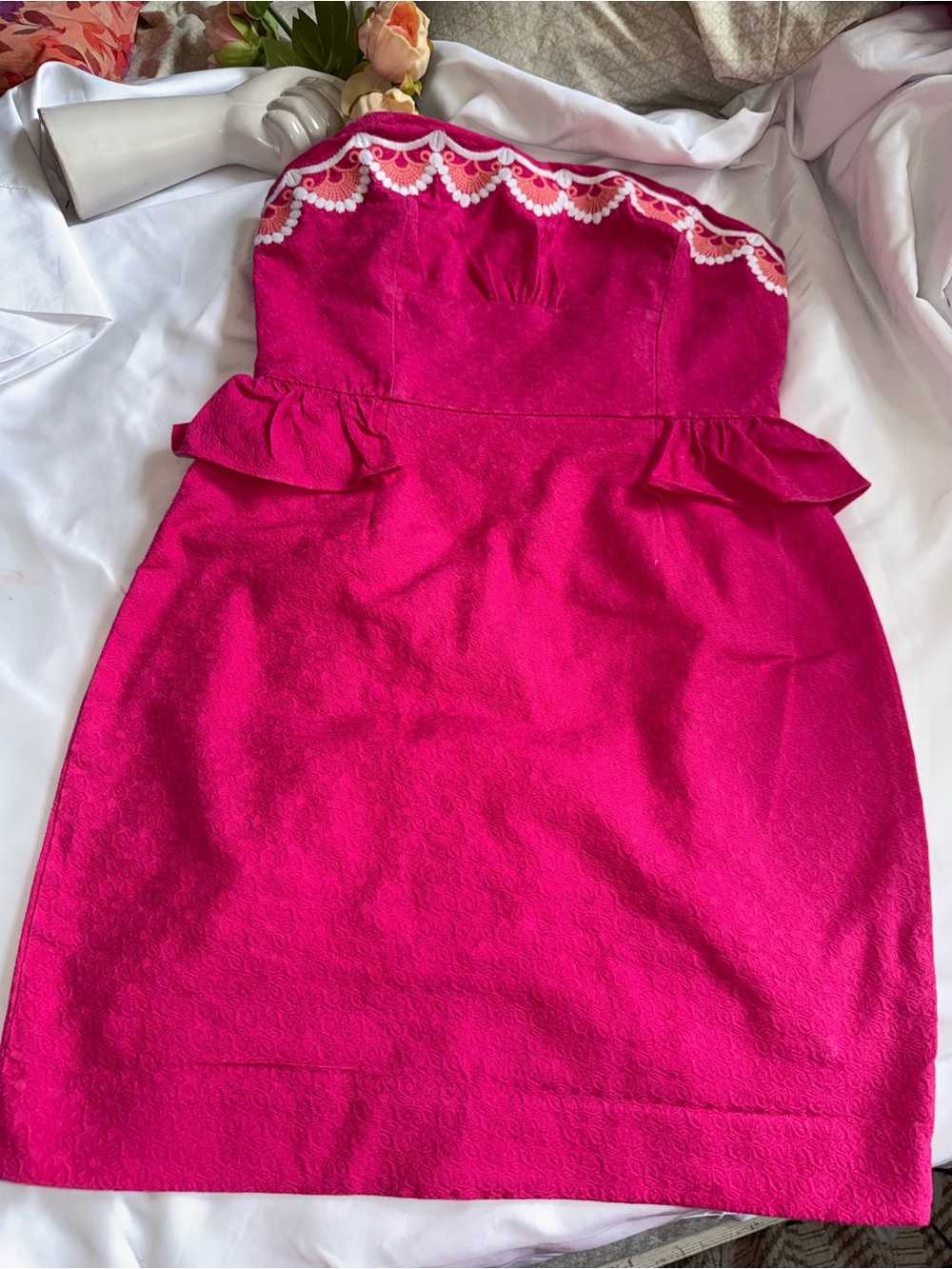 Lilly Pulitzer Strapless Fuchsia Peplum Dress with Scalloped Trim